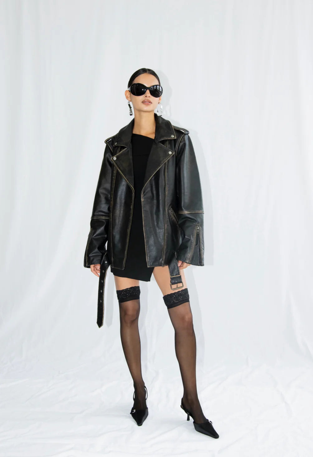 Rodeo Black Distressed Oversized Biker Leather Jacket - For Women