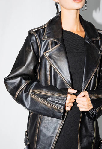 Rodeo Black Distressed Oversized Biker Leather Jacket - For Women