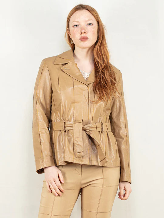 Veste blazer vintage en cuir de mouton pour femme des années 80 en beige