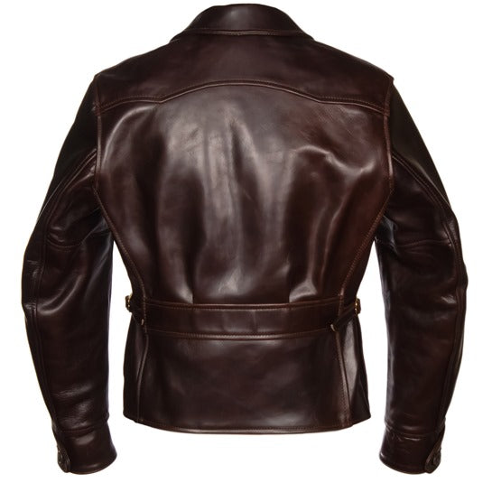 Back view of the men's 1930s leather jacket highlighting the classic half belt design