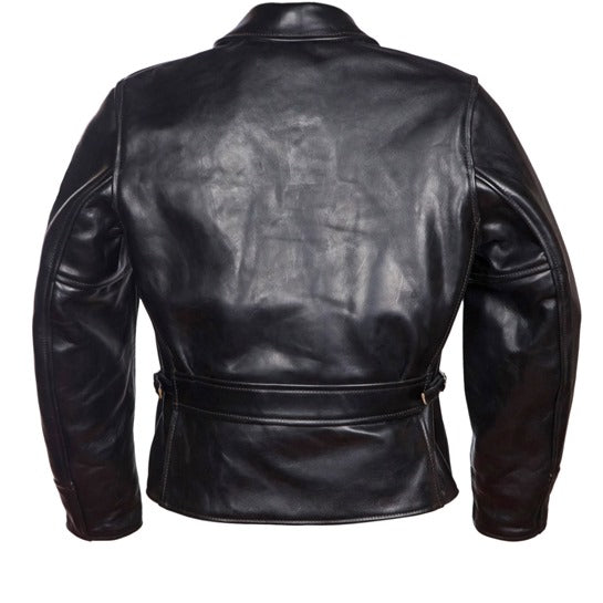 Back view of 1950’s style men’s leather jacket with half belt