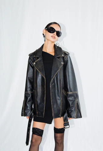 Veste de motard surdimensionnée en cuir noir vieilli Rodeo - Pour femme