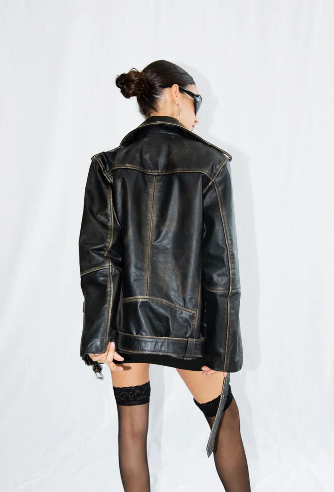 Veste de motard surdimensionnée en cuir noir vieilli Rodeo - Pour femme