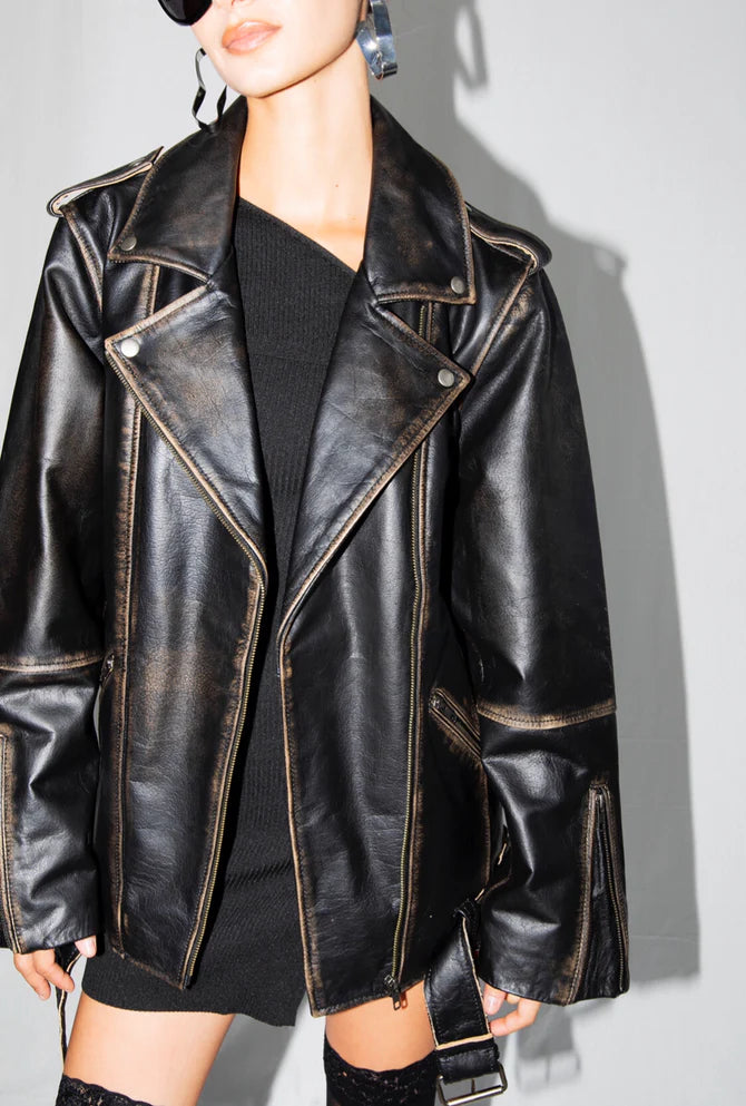 Veste de motard surdimensionnée en cuir noir vieilli Rodeo - Pour femme