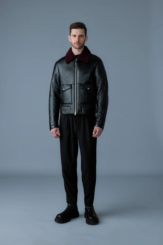 Veste en cuir de mouton pour homme avec col en peau lainée