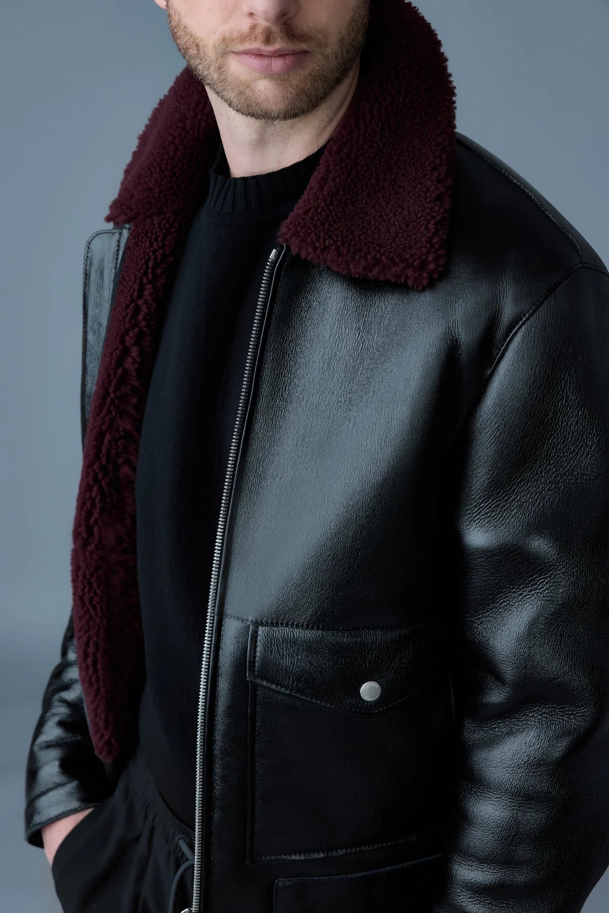 Men’s Sheepskin Leather Jacket with Shearling Collar