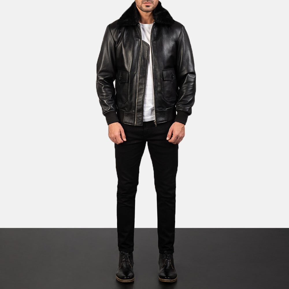 Close-up of the black fur collar on the Airin G-1 Bomber Leather Jacket