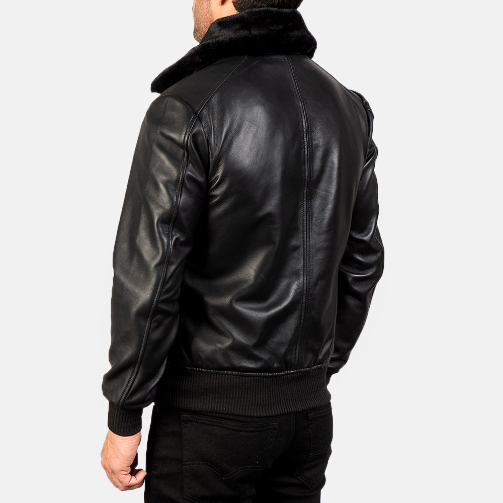 Image showing the combination of the black fur collar and smooth sheepskin leather on the Airin G-1 Bomber Leather Jacket.