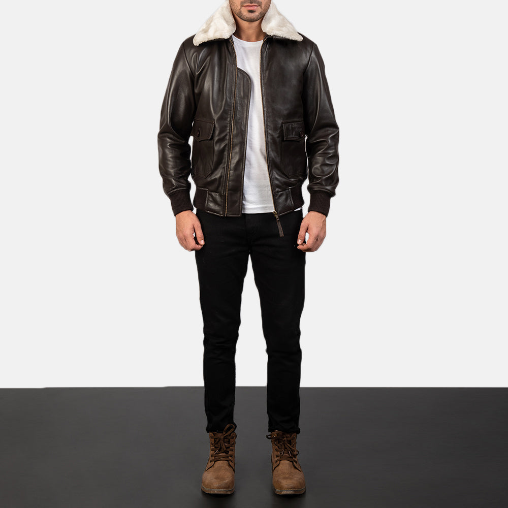 Close-up of the brown leather jacket with a soft white fur collar, adding a stylish contrast and extra warmth