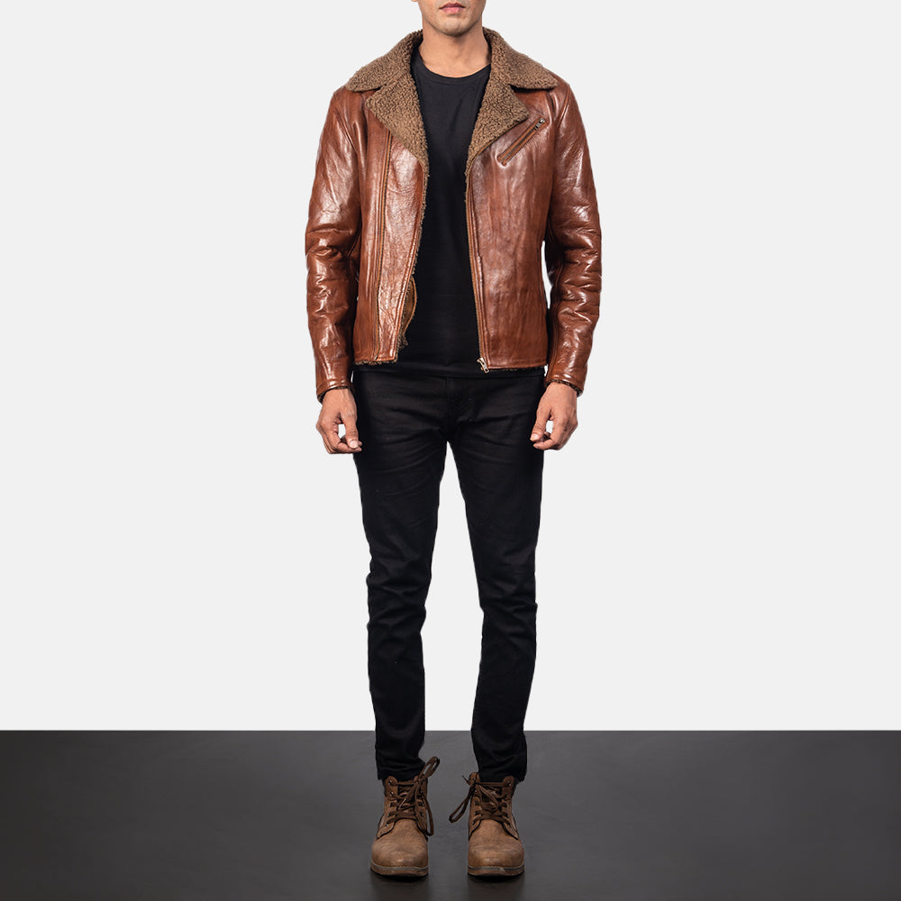 Front view of the Brown Shearling Leather Jacket