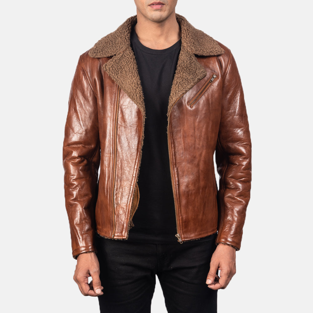 Close-up of the soft shearling lining on the Brown Leather Jacket
