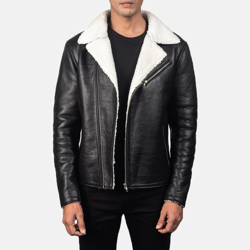 Detailed shot of the stitching and leather texture on the Alberto White Shearling Jacket