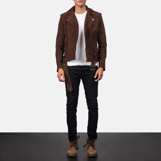 Front view of Allaric Mocha Suede Biker Jacket for men, showcasing its stylish design and premium suede finish