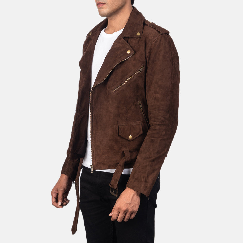 Side view of Allaric Mocha Suede Biker Jacket for men, highlighting its sleek silhouette and tailored fit