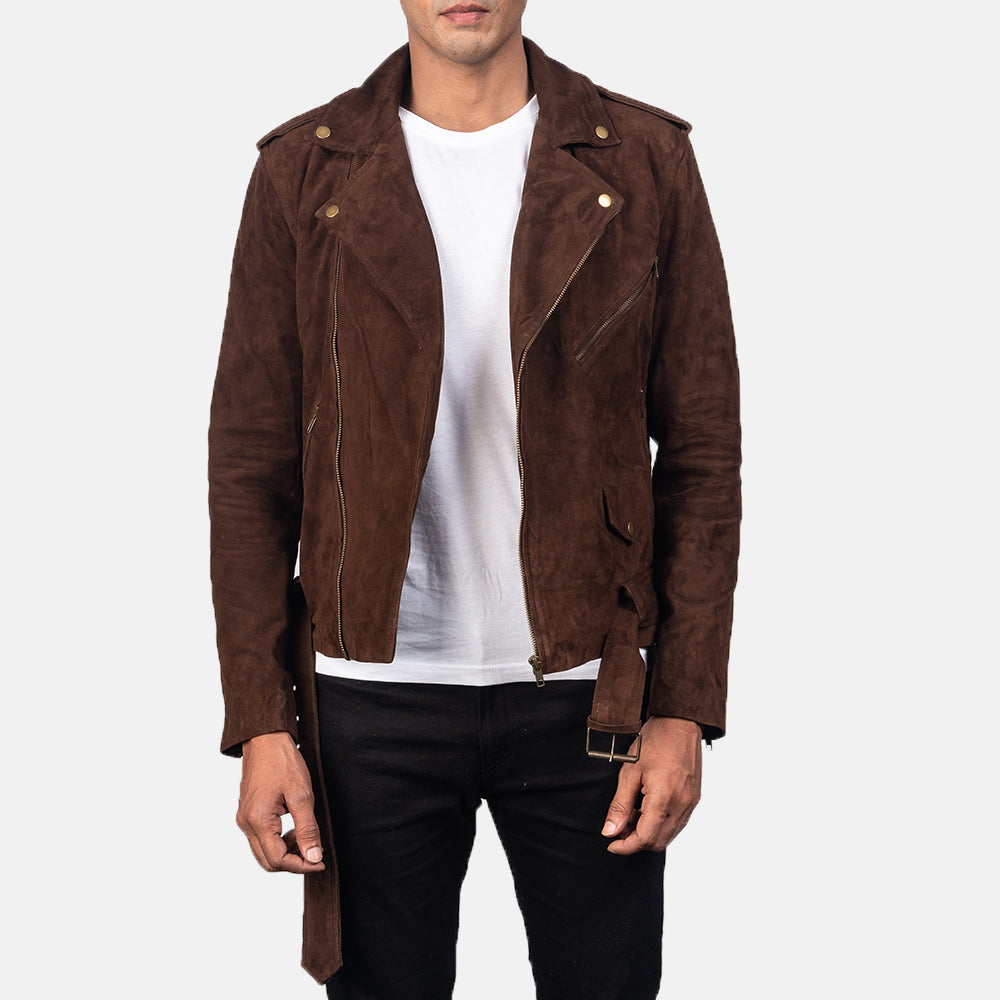 Model wearing Allaric Mocha Suede Biker Jacket