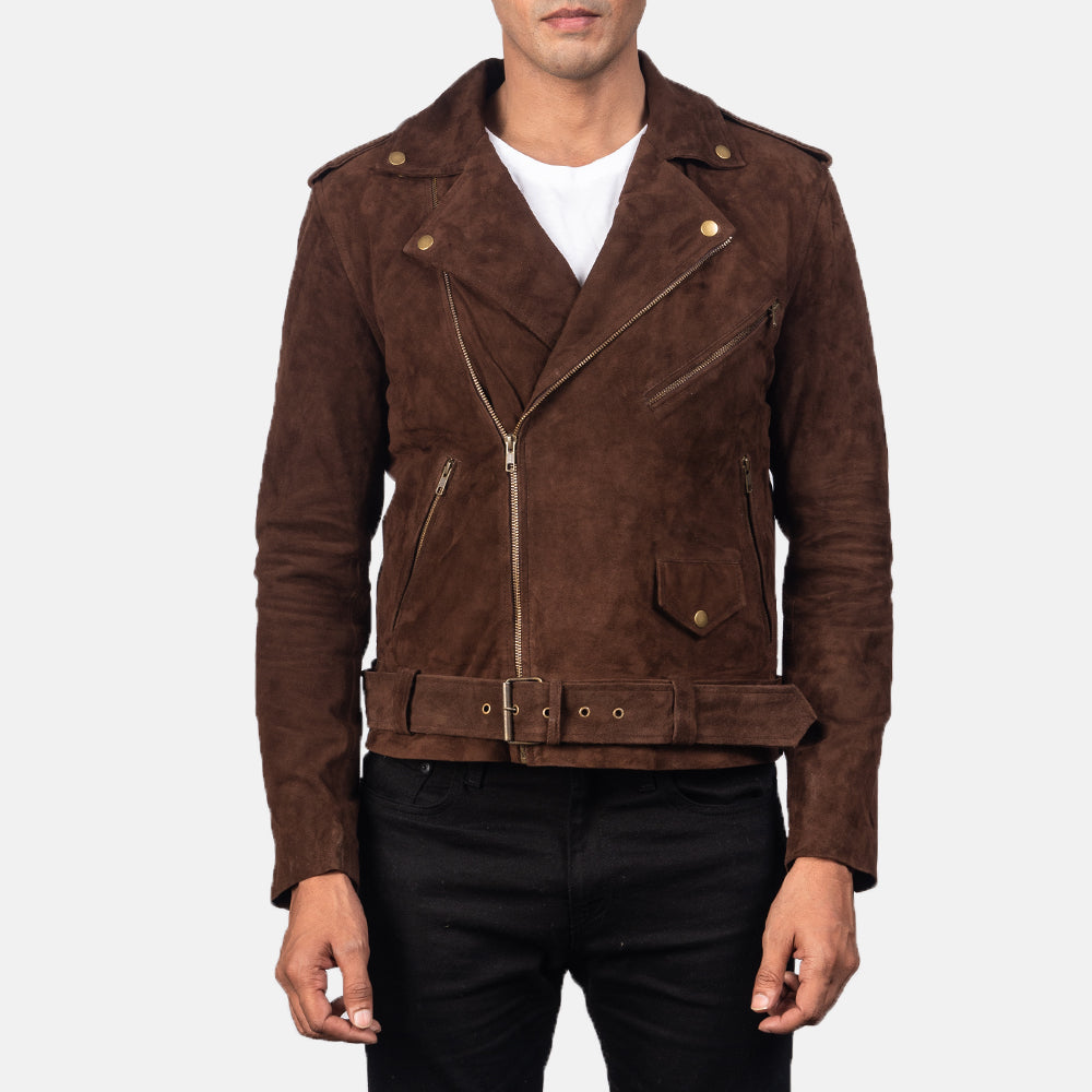 Close-up Allaric Mocha Suede Biker Jacket, adding a sophisticated touch to the design