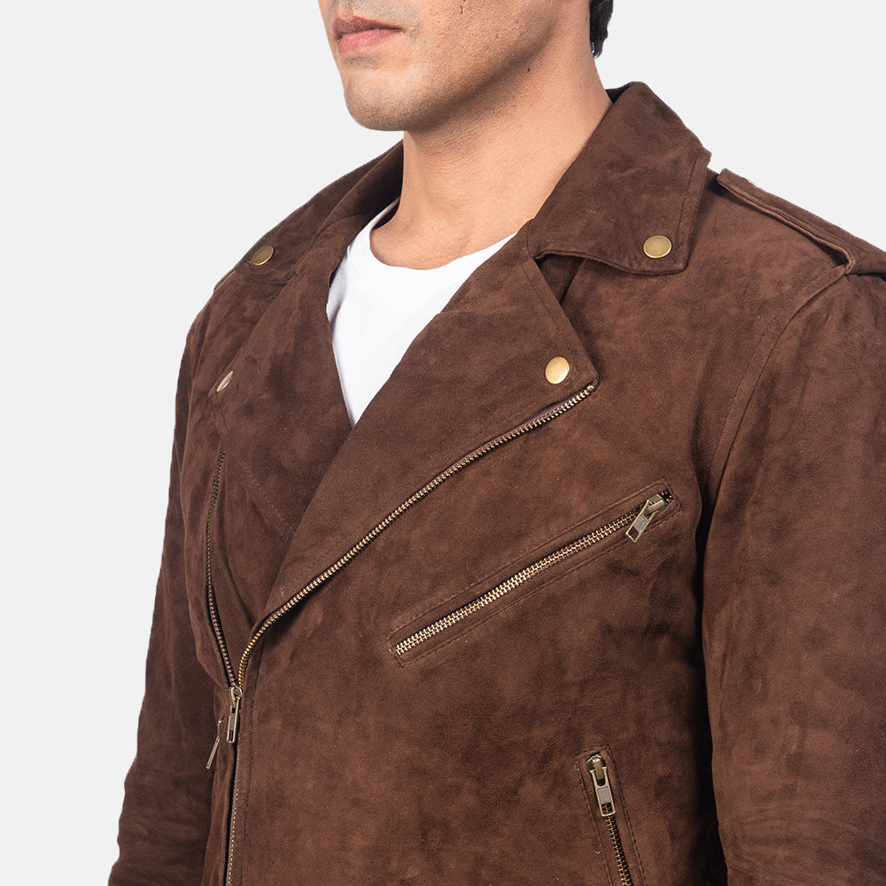 Side view of Allaric Mocha Suede Biker Jacket for men, highlighting its sleek silhouette and tailored fit