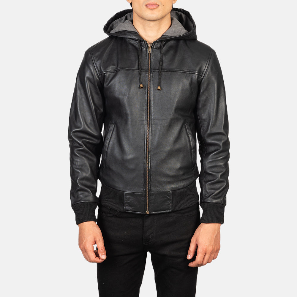 Nintenzo Hooded Leather Bomber Jacket - For Men