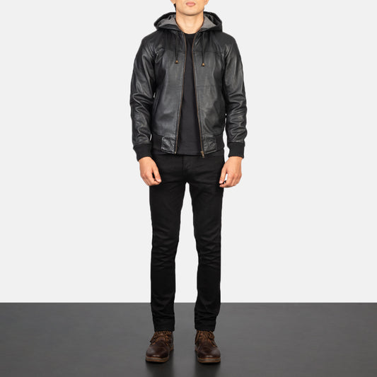 Nintenzo Hooded Leather Bomber Jacket - For Men