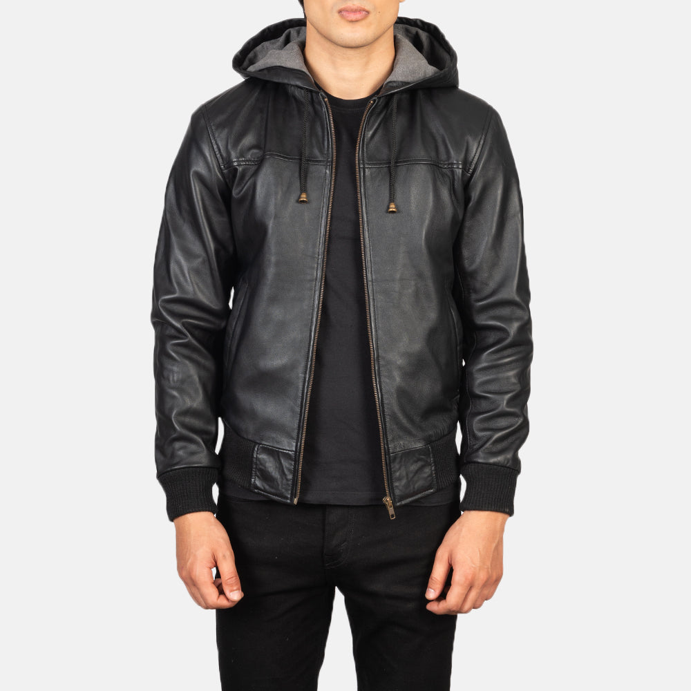 Nintenzo Hooded Leather Bomber Jacket - For Men