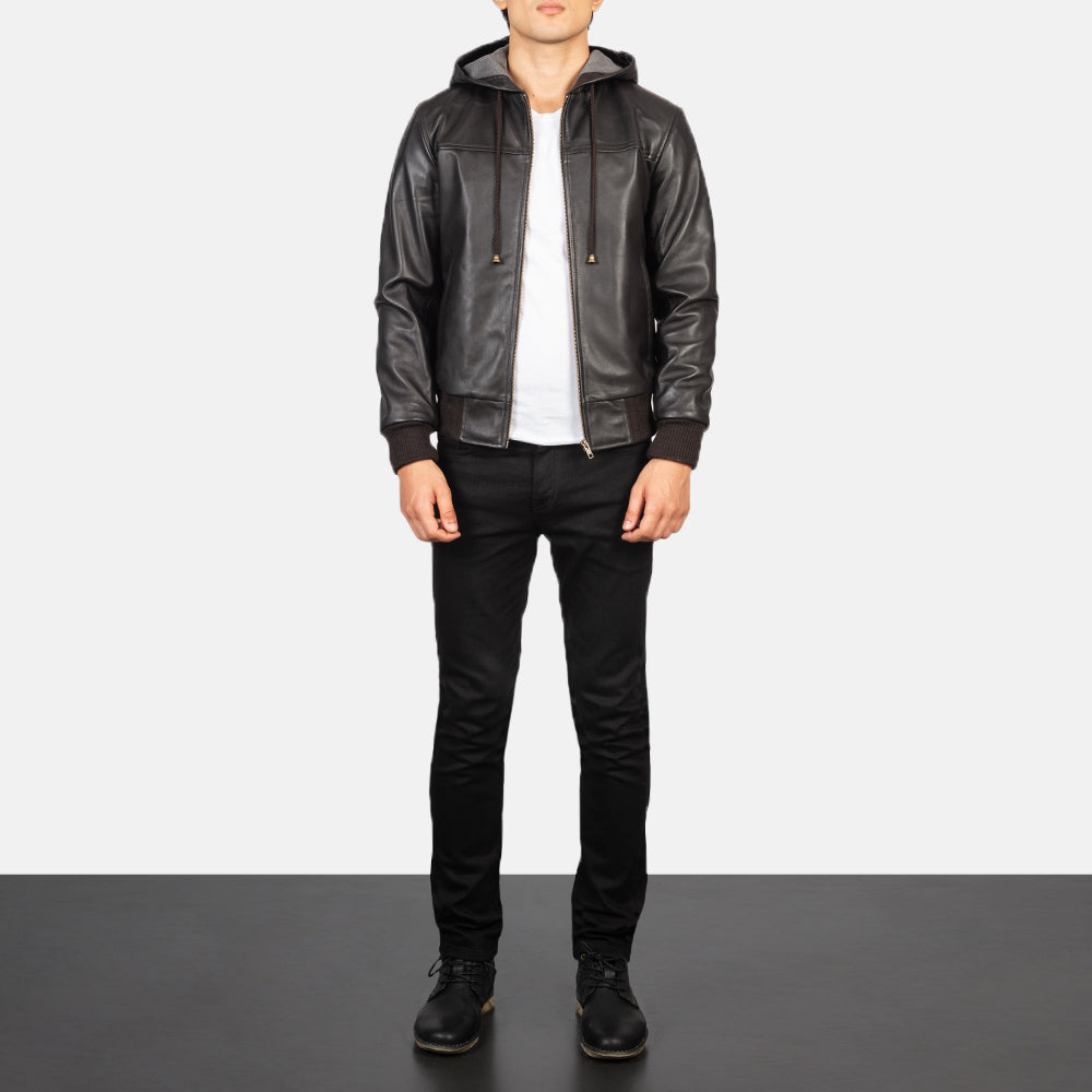 Nintenzo Hooded Leather Bomber Jacket - For Men
