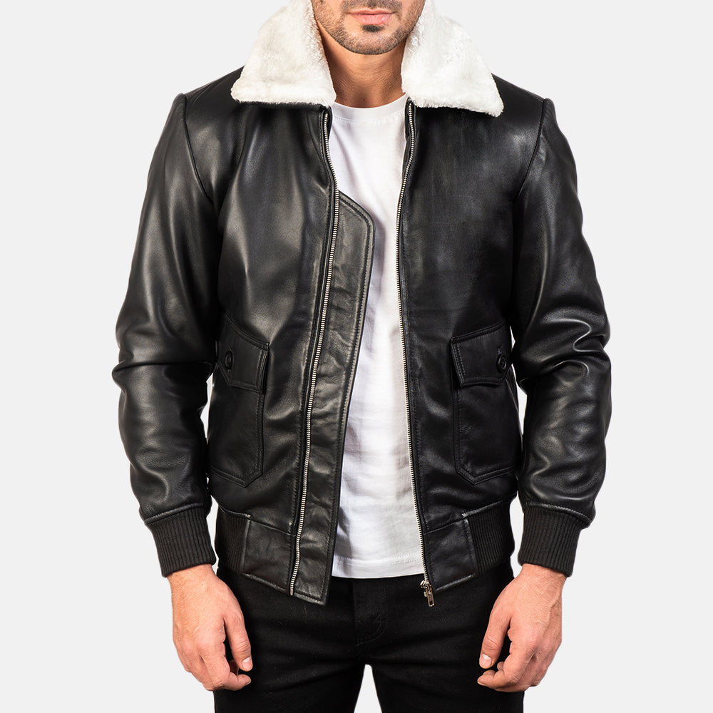 Close-up of the removable fur collar on the Airin G-1 Bomber Leather Jacket