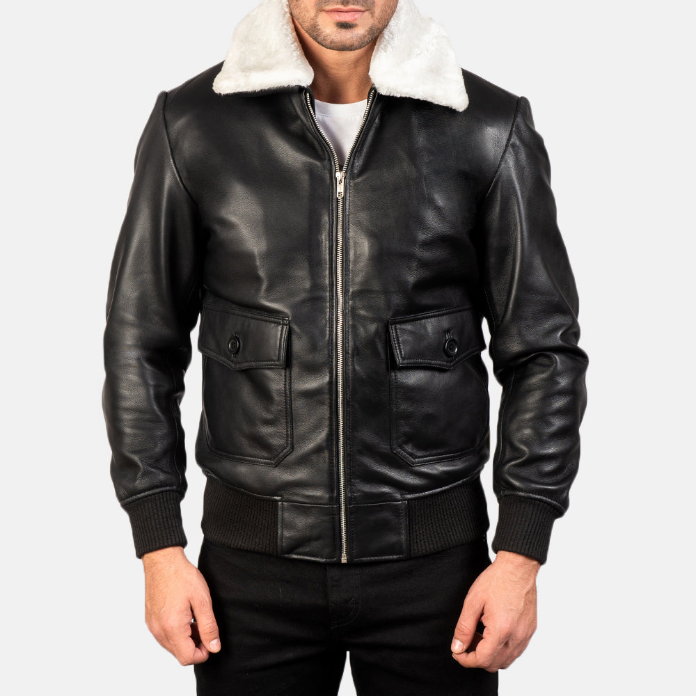 Close-up of the detailed stitching and premium leather texture on the Airin G-1 Bomber Leather Jacket for Men.