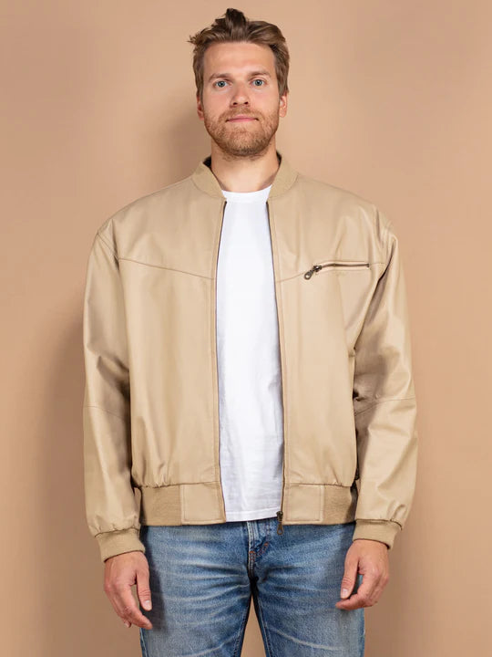 Cazadora bomber de cuero vintage de los años 90 para hombre en color beige