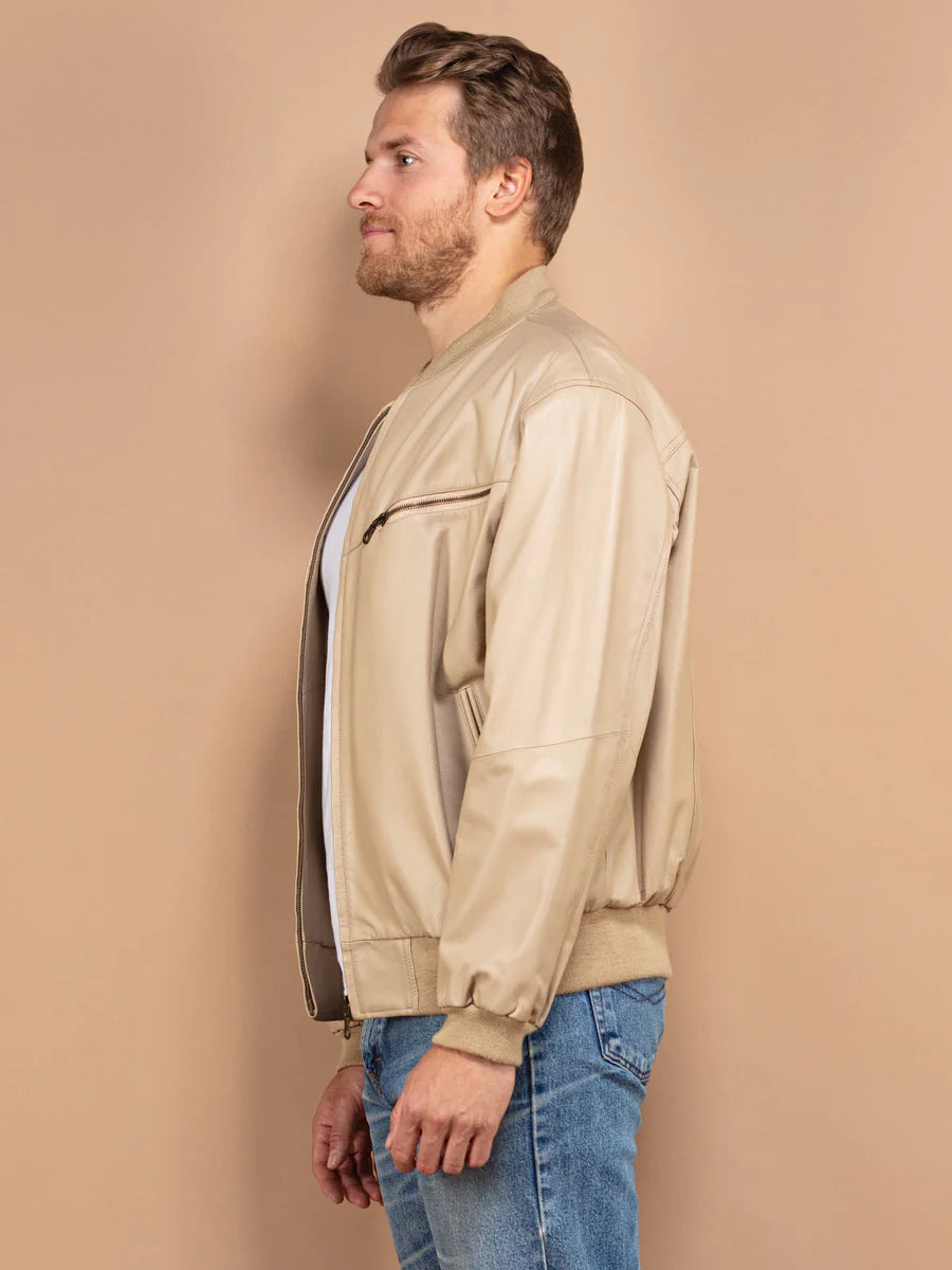 Cazadora bomber de cuero vintage de los años 90 para hombre en color beige