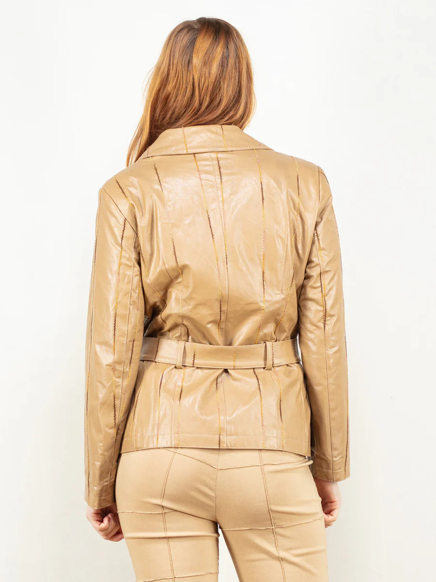 Vintage 80's Women Sheep Leather Blazer Jacket in Beige