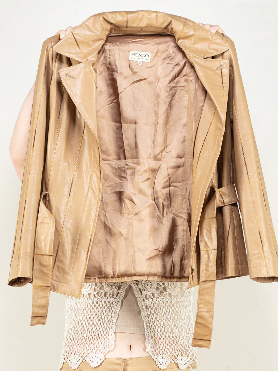 Vintage 80's Women Sheep Leather Blazer Jacket in Beige