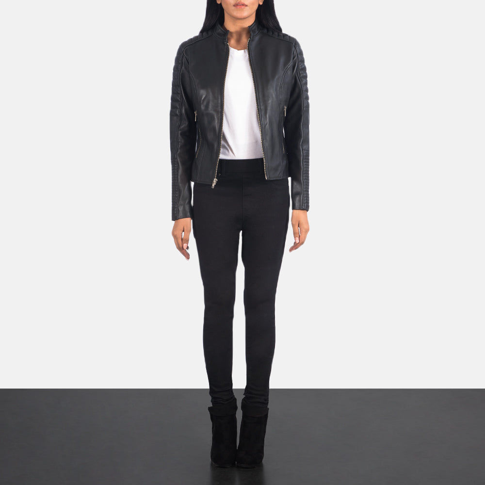 Front view of the Black Biker Leather Jacket for Women, showcasing a sleek band collar, durable zipper closure, and classic black color.