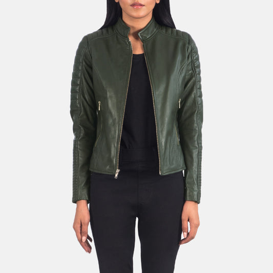 Front view of the Green Biker Leather Jacket for Women, showcasing a sleek band collar