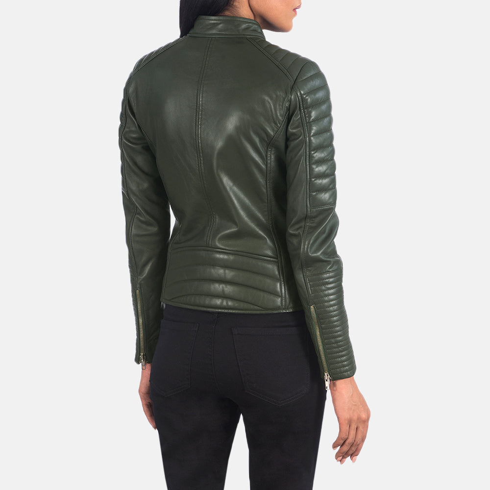 Back view of the Green Biker Leather Jacket, featuring clean lines and a classic biker silhouette