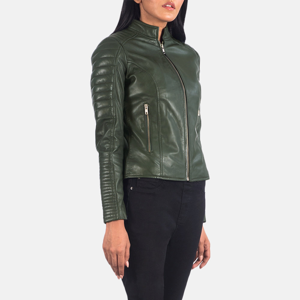 Side angle of the Green Biker Leather Jacket, highlighting the adjustable zippered cuffs and stylish quilted detailing
