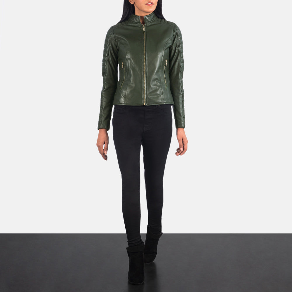 Model wearing the Green Biker Leather Jacket with two outside pockets, styled casually