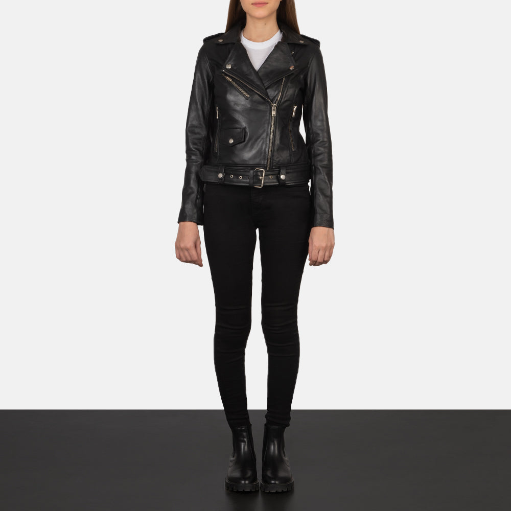 Front view of Alison Biker Leather Jacket for Women, showcasing sleek design and premium leather finish.