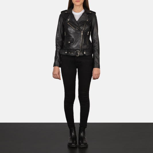 Front view of Alison Biker Leather Jacket for Women, showcasing sleek design and premium leather finish.
