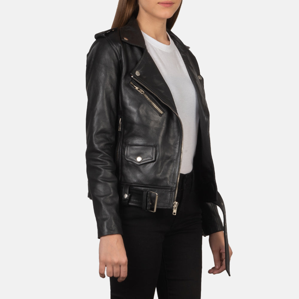 Side view of Alison Biker Leather Jacket for Women, showing the jacket's sleek silhouette and biker features