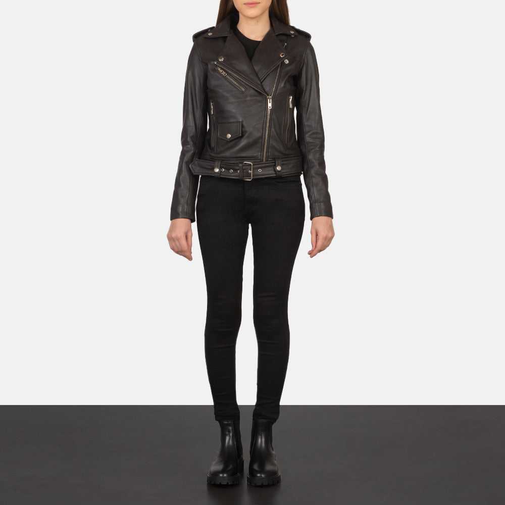 Front view of brown leather jacket for women, showcasing its elegant and timeless design