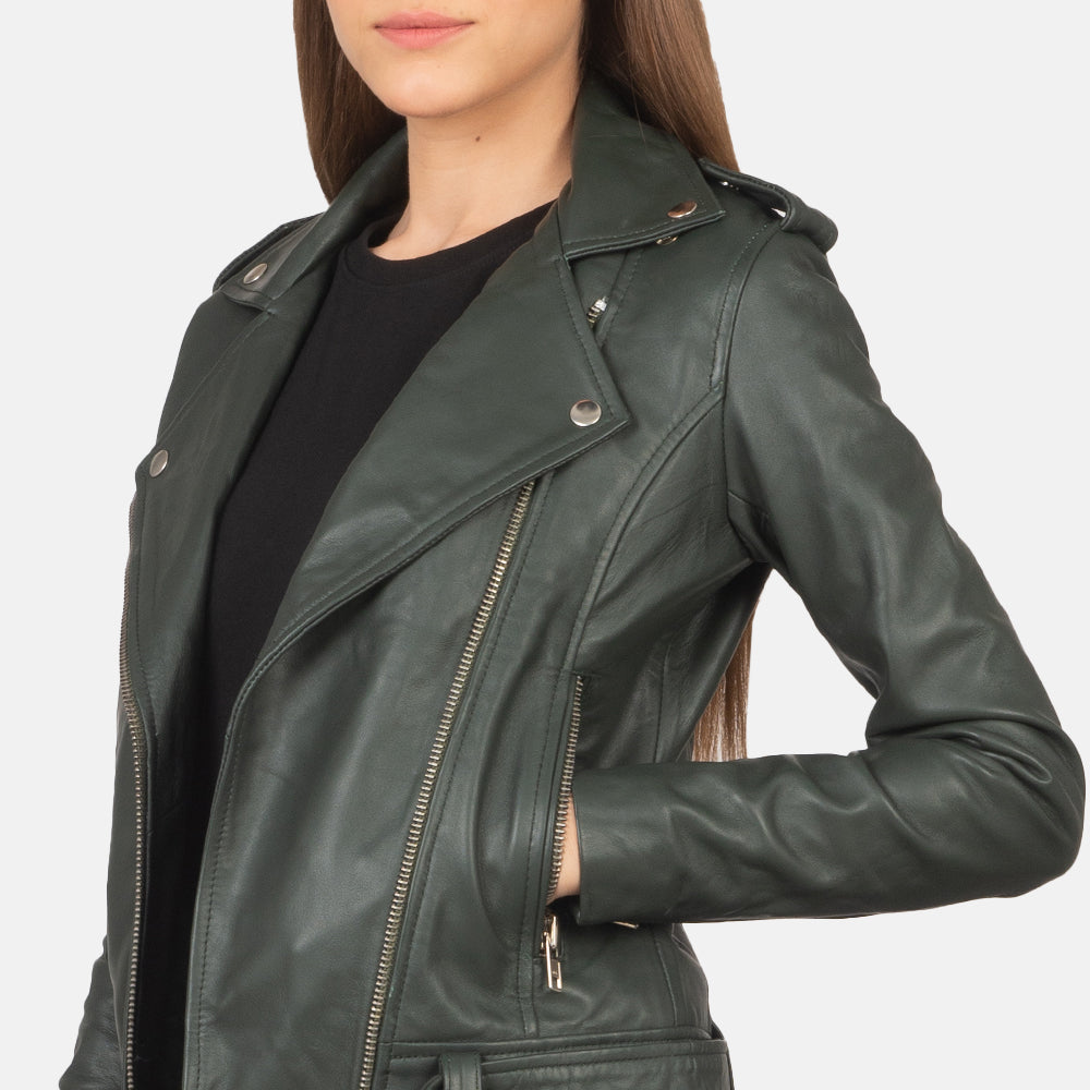 Front view of green leather jacket for women, showcasing its bold color and stylish design