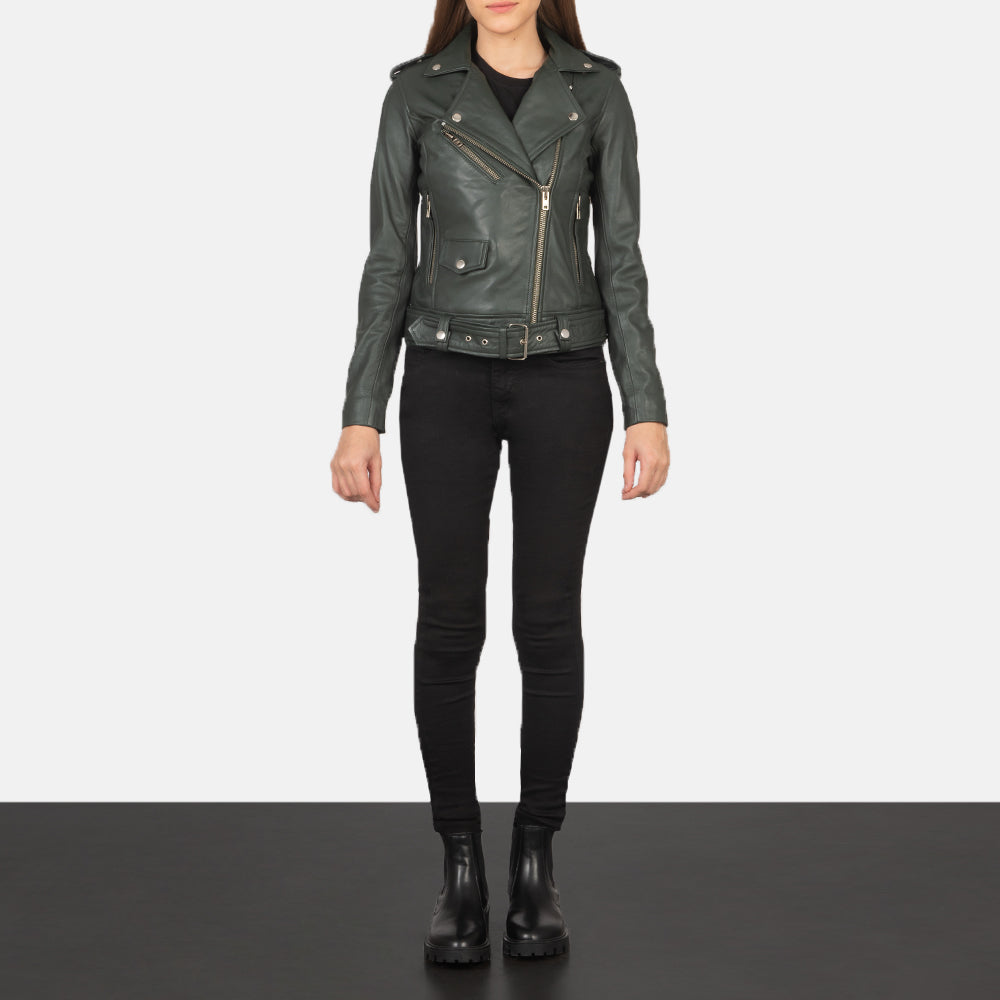 Model wearing green alison leather jacket 