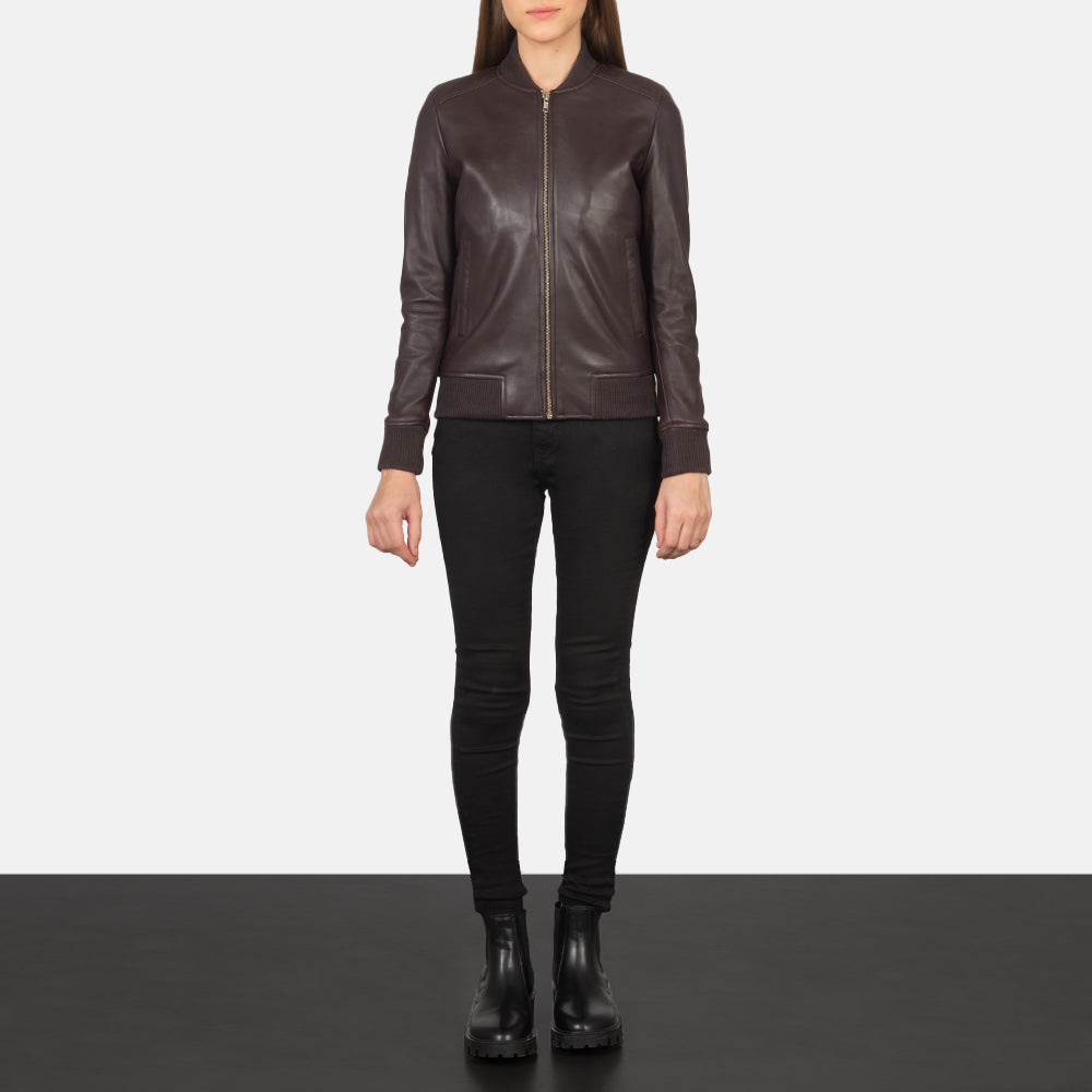 Front view of the Bliss Maroon Leather Bomber Jacket 