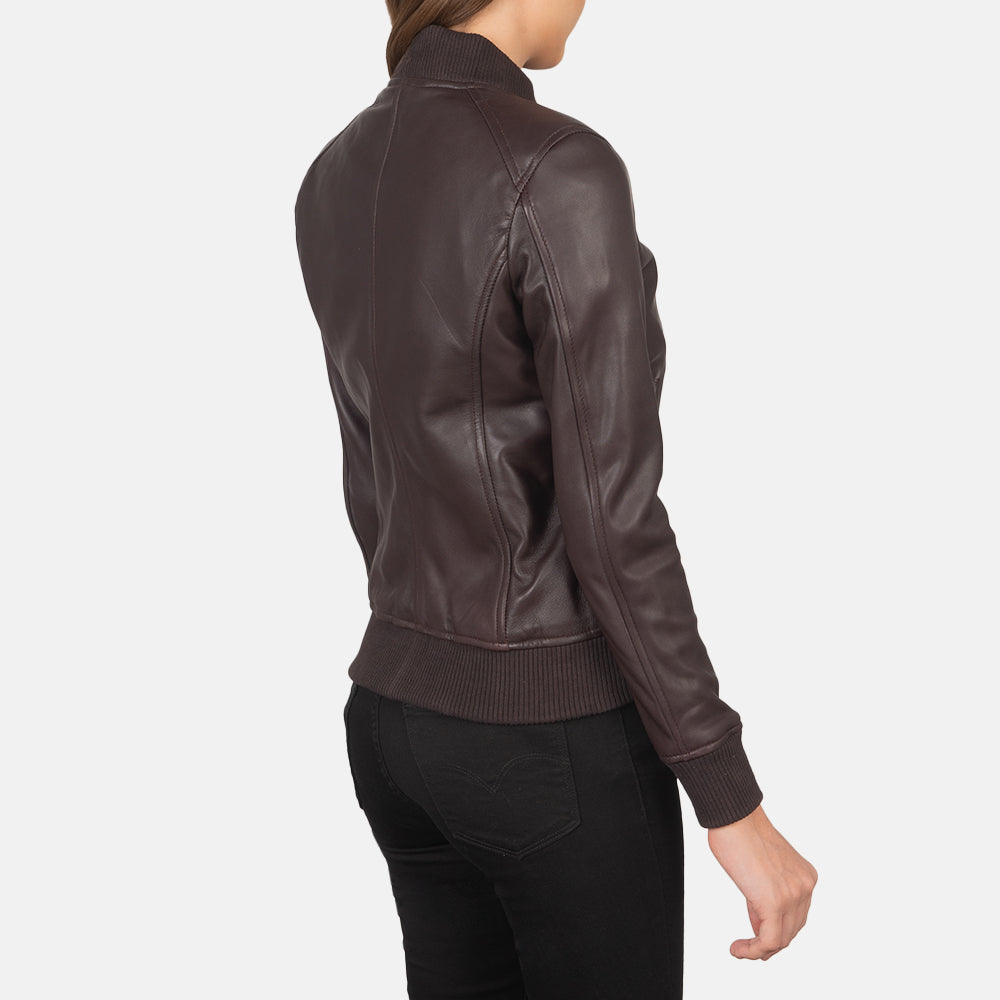 Back view of the Bliss Maroon Leather Bomber Jacket