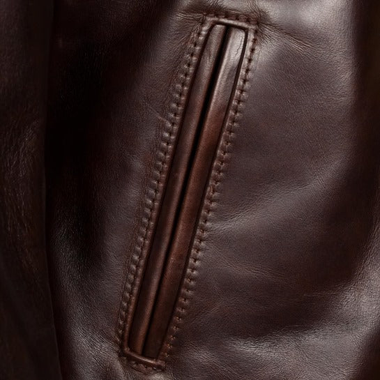Close up view of Leather Jacket for men 1930’s Half Belt pockets