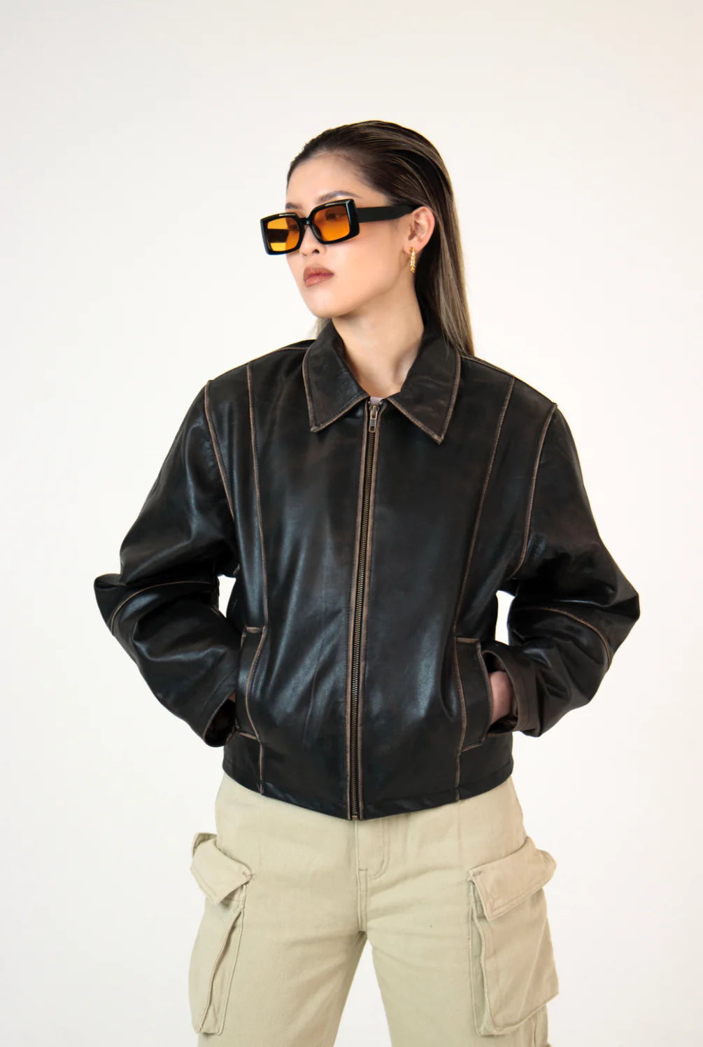 Veste en cuir marron vieilli Mabel - Pour femme