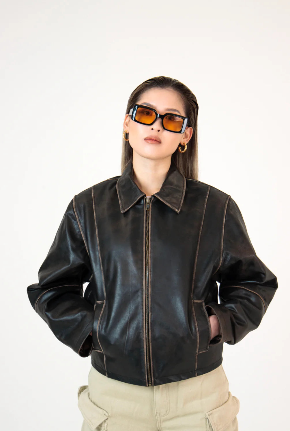 Veste en cuir marron vieilli Mabel - Pour femme
