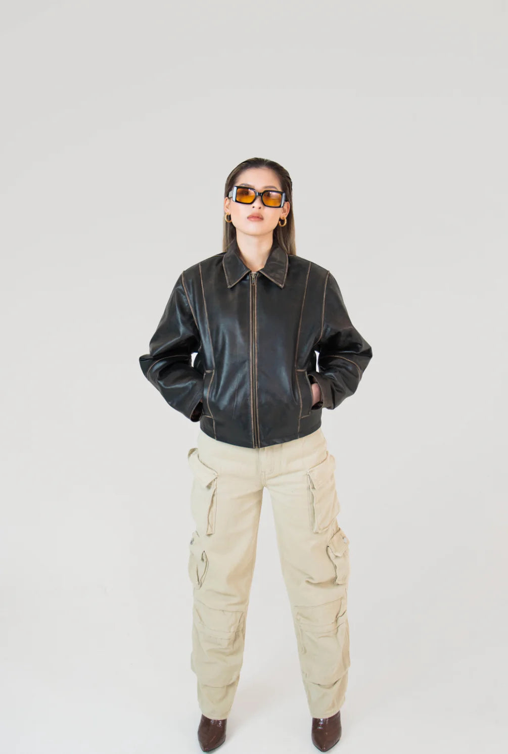 Veste en cuir marron vieilli Mabel - Pour femme