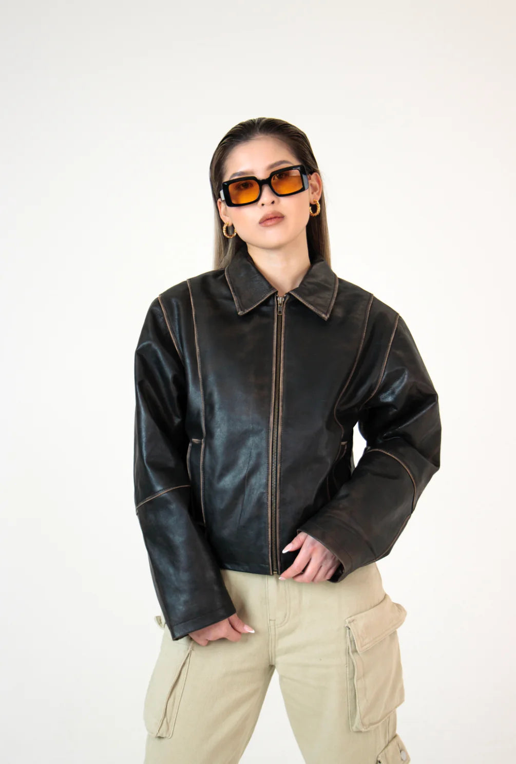Veste en cuir marron vieilli Mabel - Pour femme