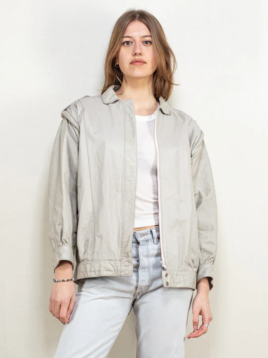 Vintage 80's Women Leather Jacket in Grey